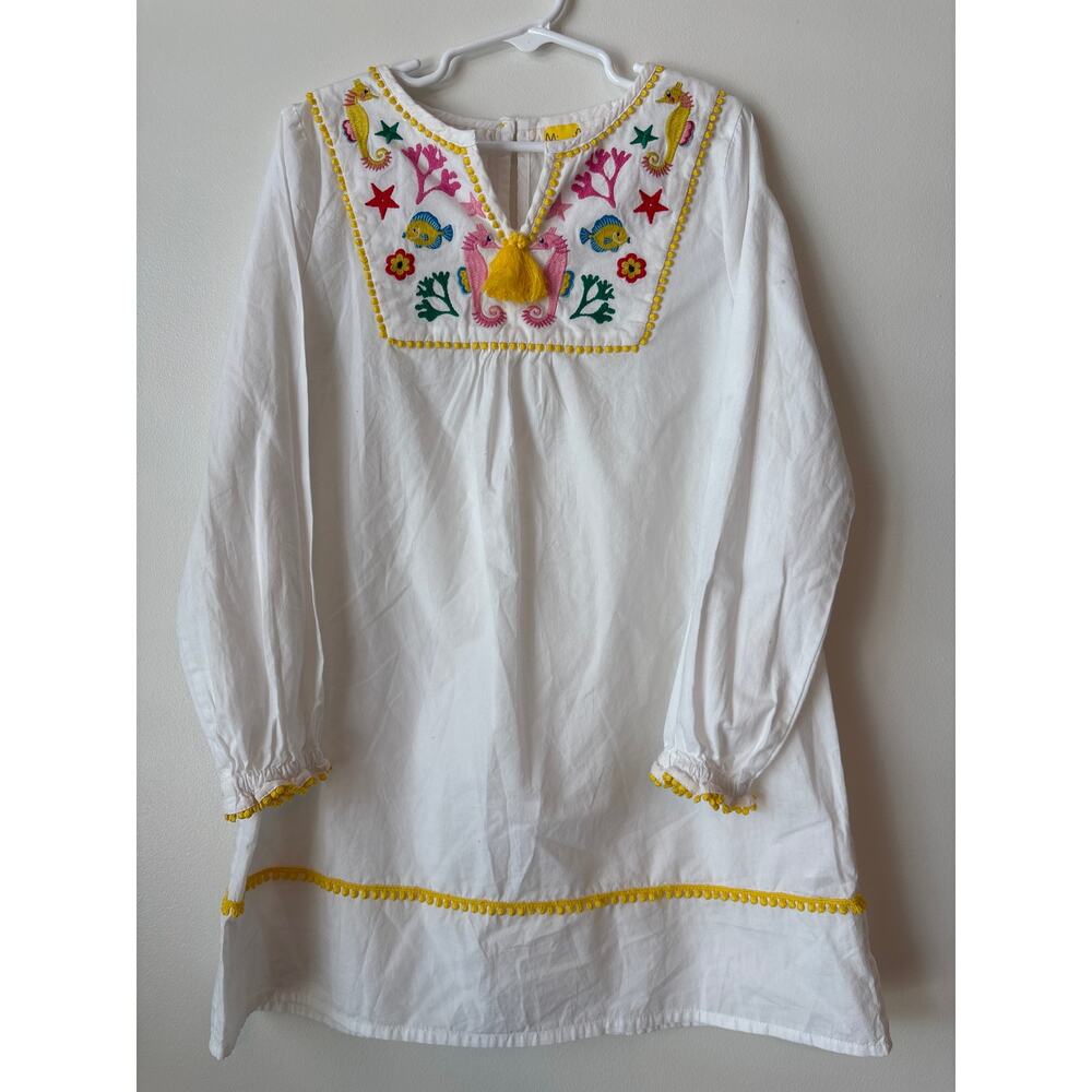 Mini Boden Embroidered "Under The Sea" Kaftan Dress White and Yellow Girls 7/8Y